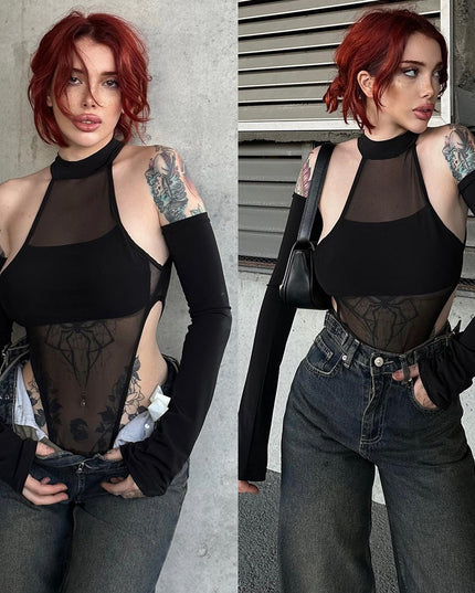 Long Sleeve Crotch Mesh Hollow High Elastic One-piece Women's Top