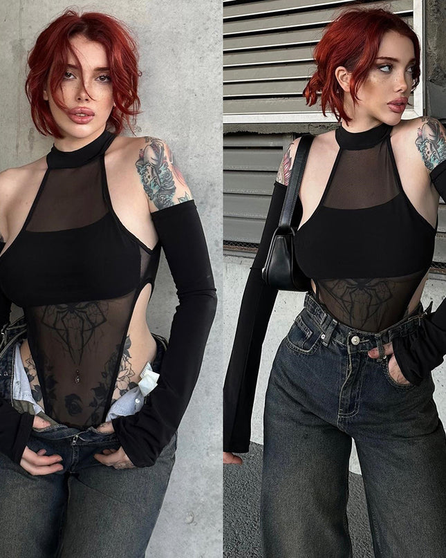 Long Sleeve Crotch Mesh Hollow High Elastic One-piece Women's Top