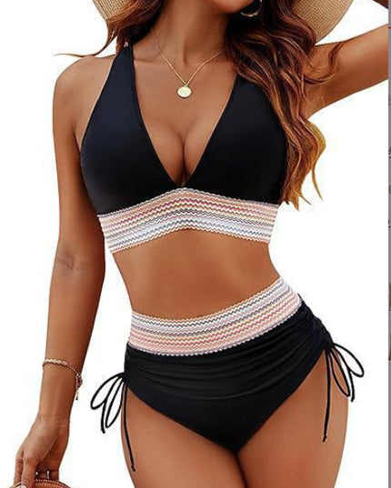 High Waisted Bikini Set With Color Blocking Drawstring Swimsuit