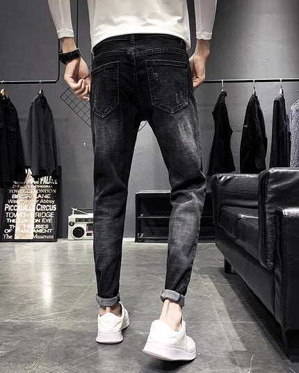 Jeans Men's Black Tapered Cropped Elastic Slim Fit Slimming