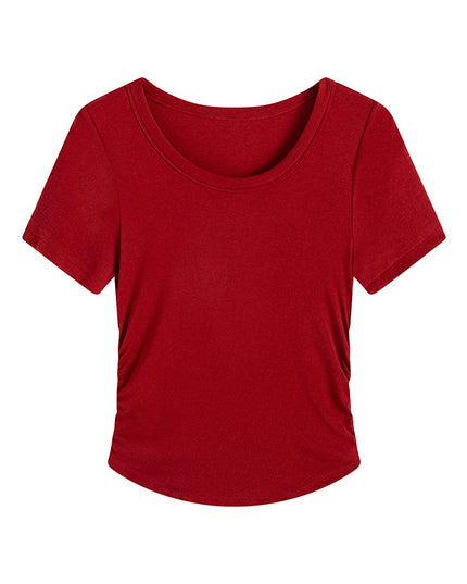 Plus Size Pleating Midriff Outfit High Elastic Bottoming Shirt Short Sleeve T-shirt