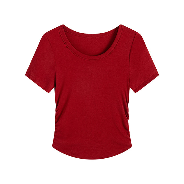 Plus Size Pleating Midriff Outfit High Elastic Bottoming Shirt Short Sleeve T-shirt