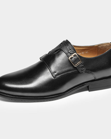 Men's First Layer Cowhide Summer Round Toe Double Buckle Retro Style Business Leather Shoes