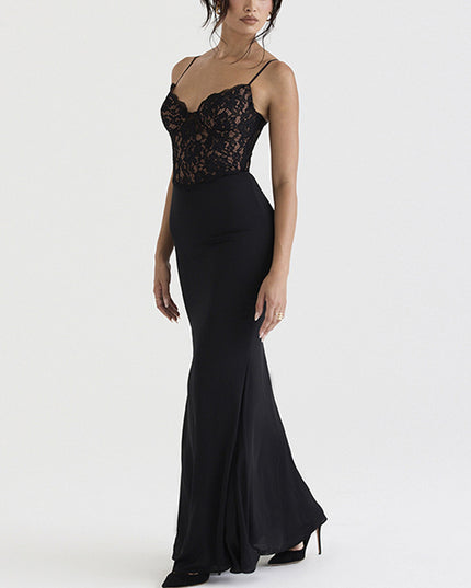 Lace High Waist Long Dress Deep V Strap Fishtail Gown