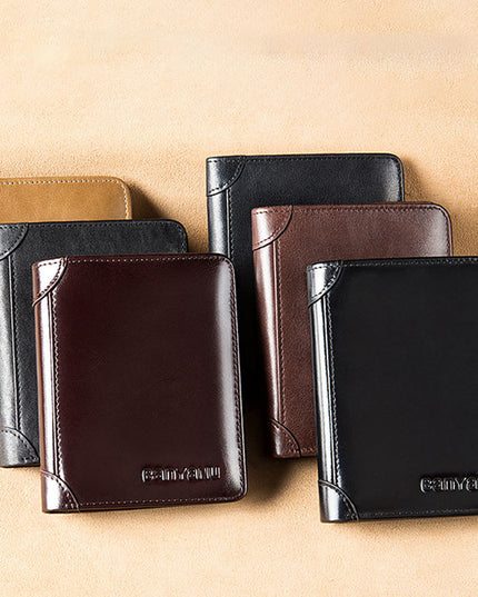 Men's Short Matte Leather Tri-fold Vertical Wallet