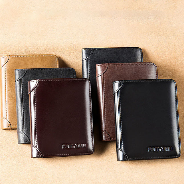 Men's Short Matte Leather Tri-fold Vertical Wallet