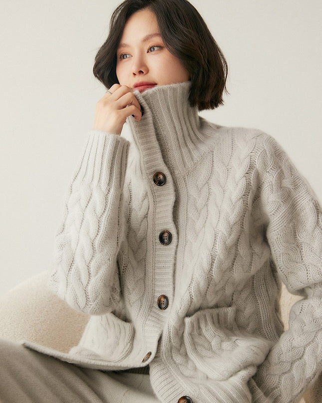 French Style Turtleneck Cashmere Cardigan For Women