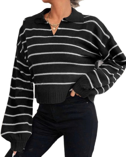 Women's Elegant Polo Collar Stripes Loose Sweater