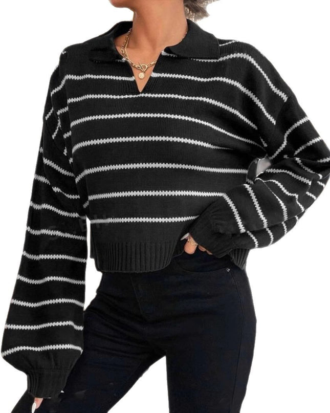 Women's Elegant Polo Collar Stripes Loose Sweater