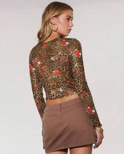 Leopard Print Flower Printed Mesh Round Neck Short Long-sleeved