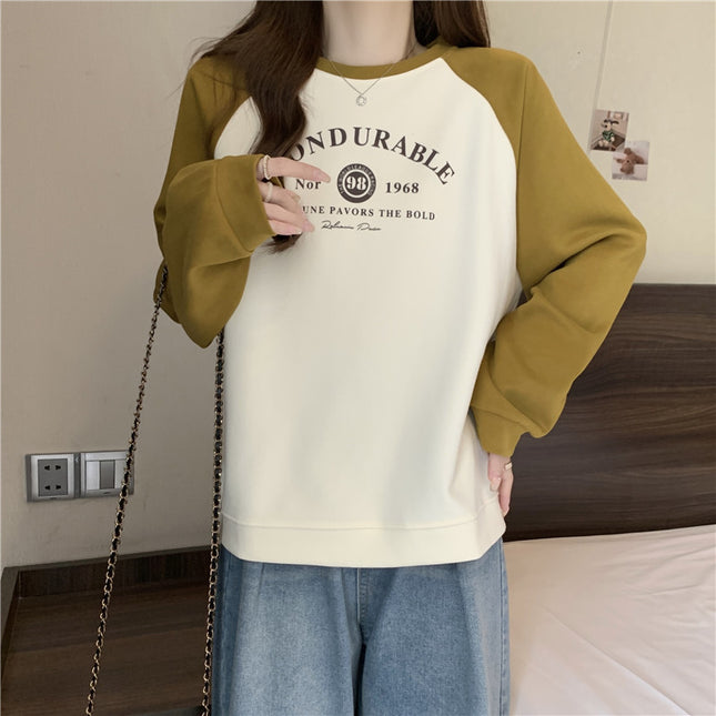 Contrast Color Raglan Long Sleeve Hooded Printed Women