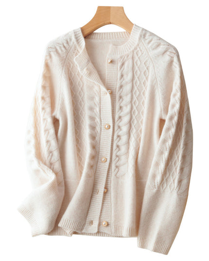 Round Neck Pure Wool Knit Cardigan Women's Long Sleeve Casual Simple