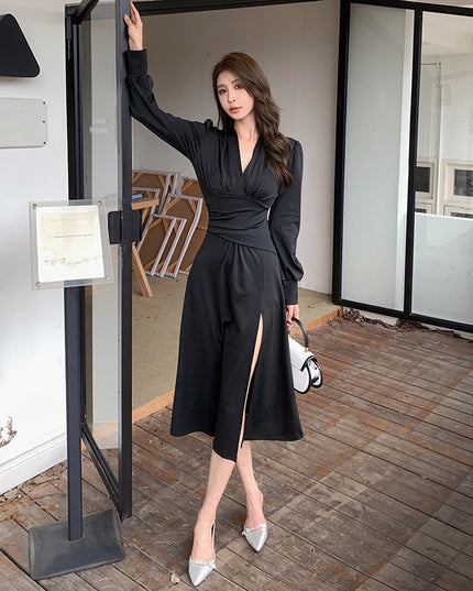 Pleat And Waisted Lantern Sleeve Dress Simple Adult Lady Like Woman Style