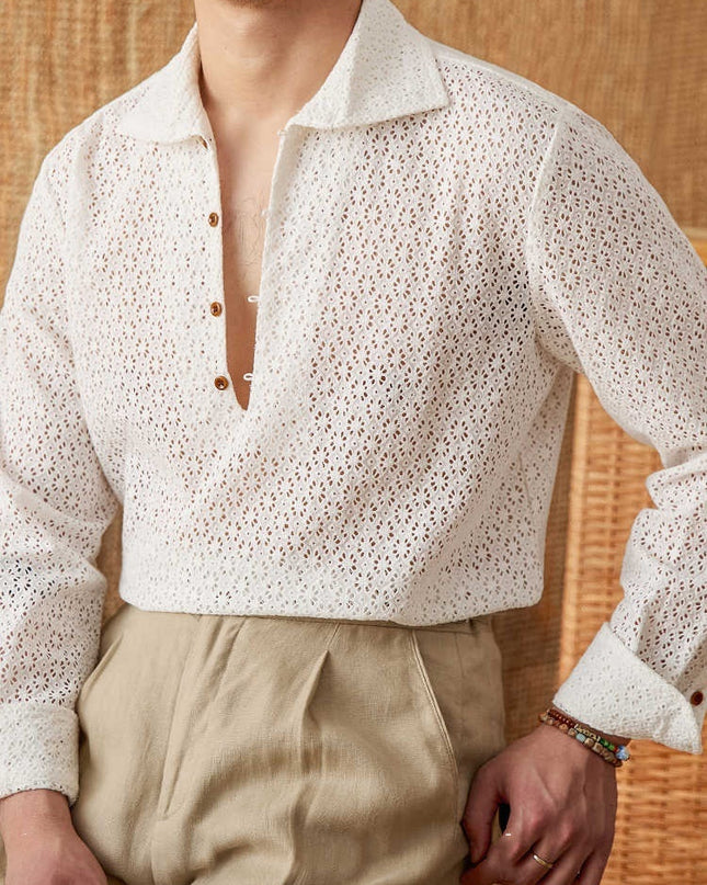 Open Collar Hollow Breathable Casual Long-sleeved Shirt