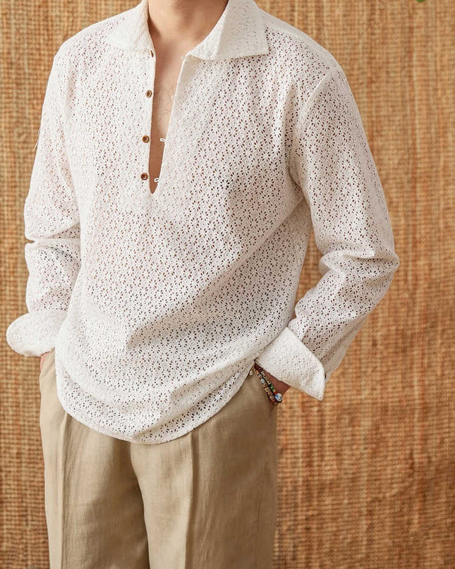 Open Collar Hollow Breathable Casual Long-sleeved Shirt