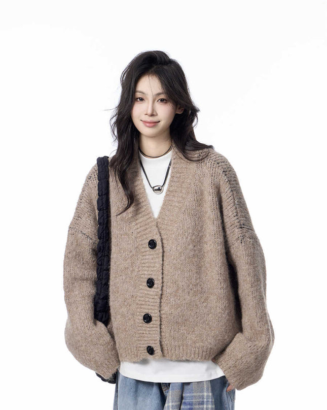 V-neck Knitted Cardigan Coat Women's Idle Style Loose Sweater