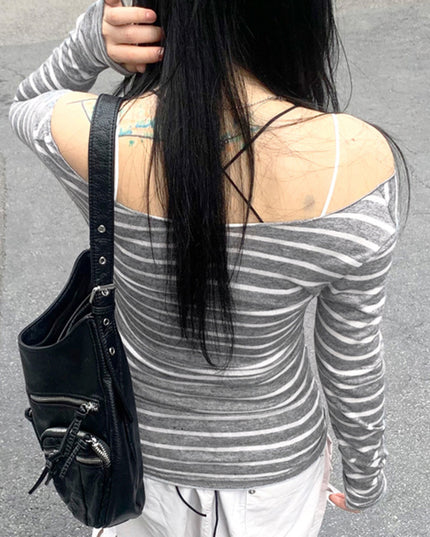 Oblique Shoulder Stripes Lightweight Slim-fit Long Sleeve Casual Top