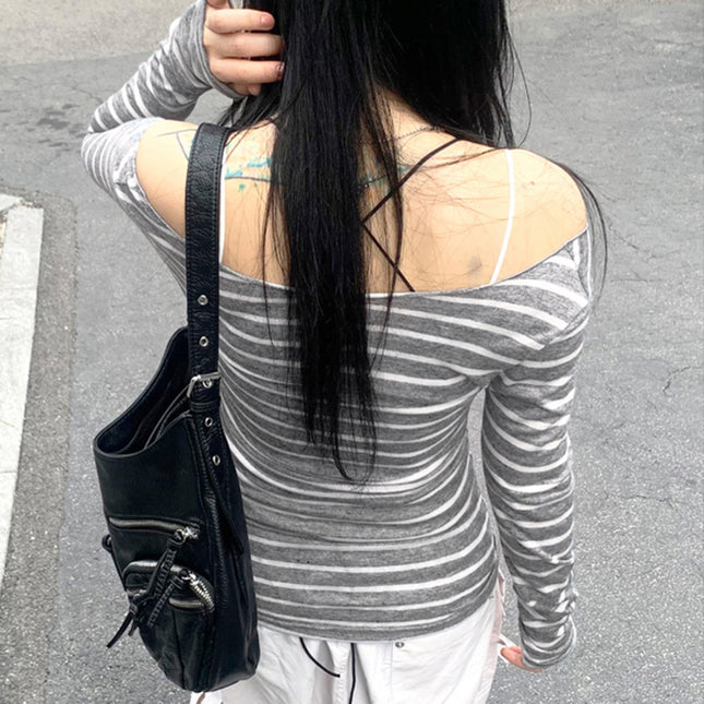 Oblique Shoulder Stripes Lightweight Slim-fit Long Sleeve Casual Top