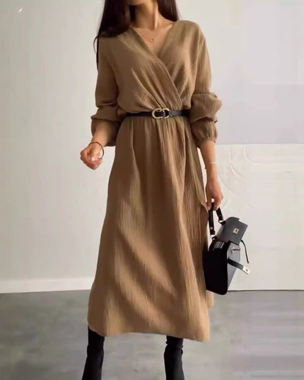 Fashion Long Sleeve Solid Color Waist Tight Dress