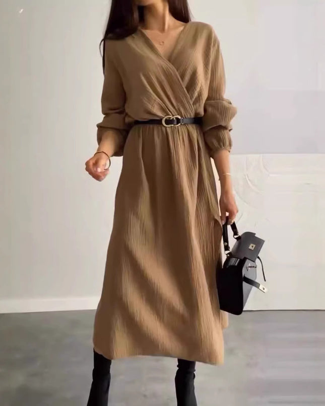Fashion Long Sleeve Solid Color Waist Tight Dress