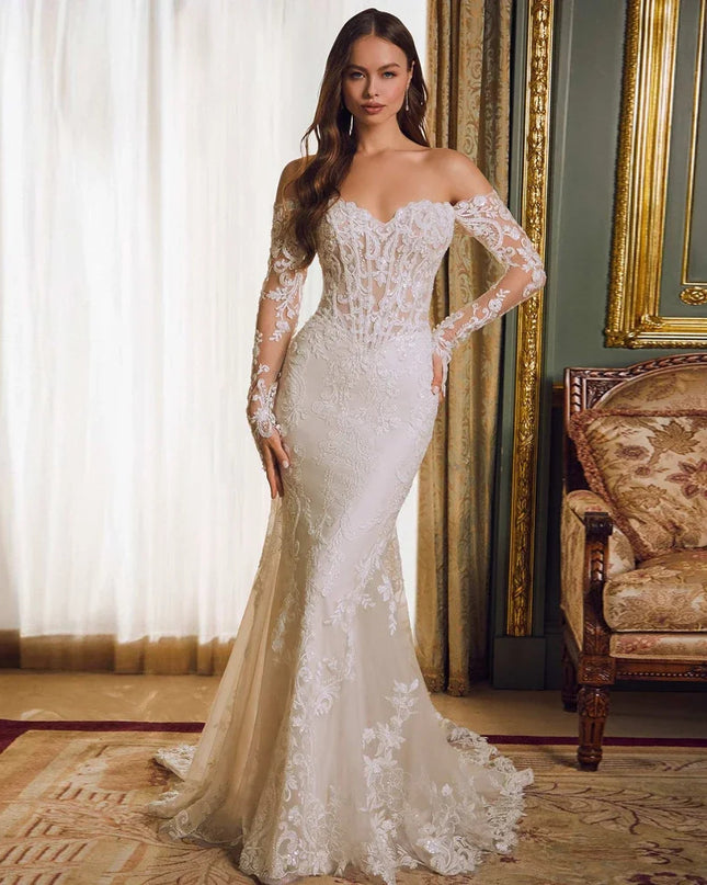 Off-shoulder Lace Long Sleeve Fishtail Gown