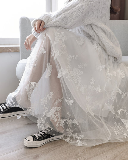 Embroidered Bow Lace Mesh Skirt Women's Mid-length