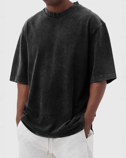 Men's Washed Fried Color Distressed Solid Color Pullover Short T-shirt