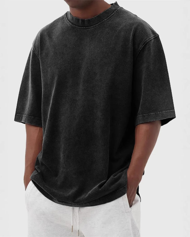 Men's Washed Fried Color Distressed Solid Color Pullover Short T-shirt