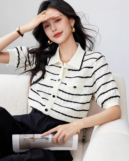 Elegant Polo Collar Striped Women's Contrast Colors Slimming Knitted Short Sleeve