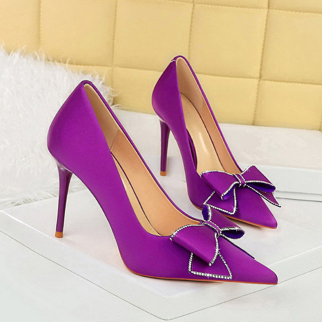 Rhinestone Bow Stiletto Heel Pumps Pointed High Heels