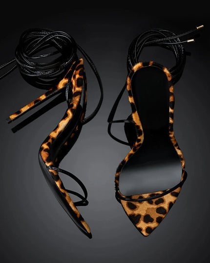 Sandals Pointed Leopard Print Roman Women's Lace Up Shoes