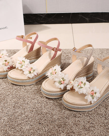 Muffin Wedge Beaded Flower Buckle Sandals