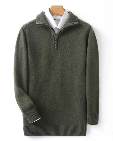 Double-strand Thickened 100 Pure Wool Knit Men's Pullover Lapel Zip-up Shirt