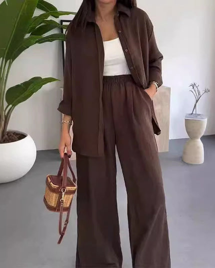Fashion Solid Color Loose Top Casual Wide Leg Pants Two-piece Set