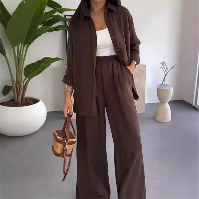 Fashion Solid Color Loose Top Casual Wide Leg Pants Two-piece Set