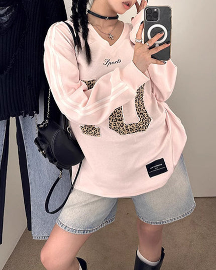 Leopard Print Letter Long-sleeved Sweater Sports Retro Style Loose Hot Girl Top