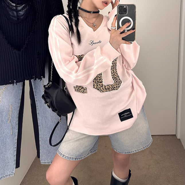 Leopard Print Letter Long-sleeved Sweater Sports Retro Style Loose Hot Girl Top