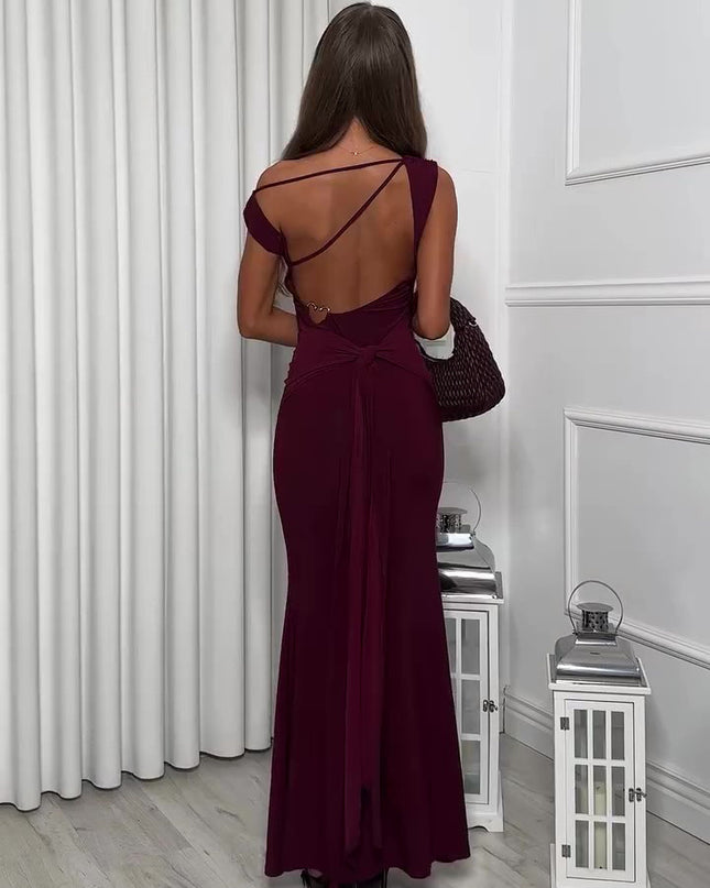 Burgundy Backless Strappy Maxi Dress