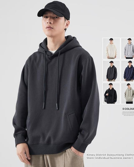 Spring And Autumn Velvet Padded Hooded Sweatshirt Men's Solid Color Pullover Hoodie Jacket