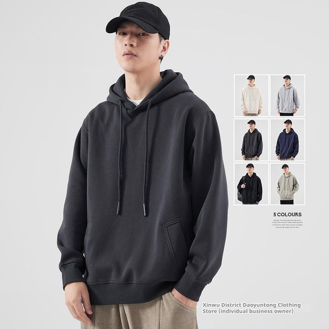 Spring And Autumn Velvet Padded Hooded Sweatshirt Men's Solid Color Pullover Hoodie Jacket