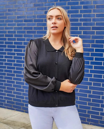 Plus Size Women's Knit Cardigan With Collar & Patchwork Design - Stylish Long Sleeve Casual Sweater For Fall & Spring