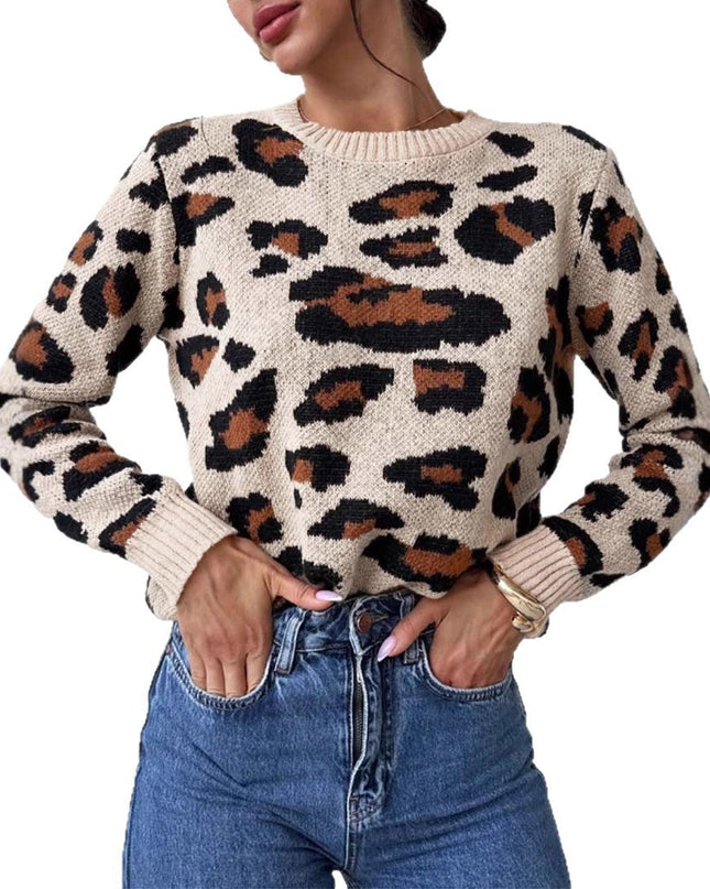 Round Neck Retro Commute Leisure Contrast Color Leopard Print Pullover Sweater