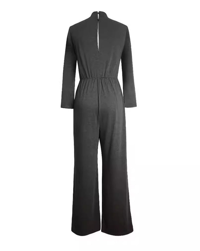 Small Turtleneck Long Sleeve Jumpsuit Knitted Casual Pants Straight