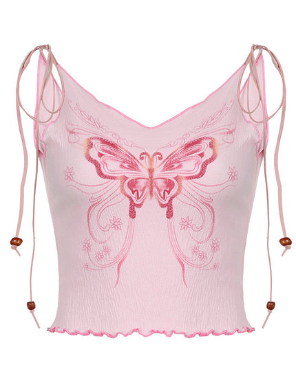 American Texture Butterfly Print Lace-up Vest Outer Wear Base Tight Edge V-neck Small Sling