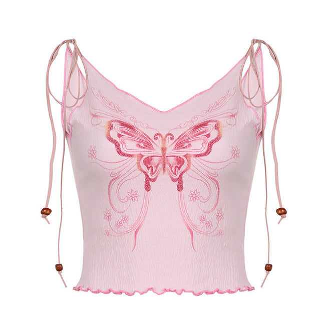 American Texture Butterfly Print Lace-up Vest Outer Wear Base Tight Edge V-neck Small Sling