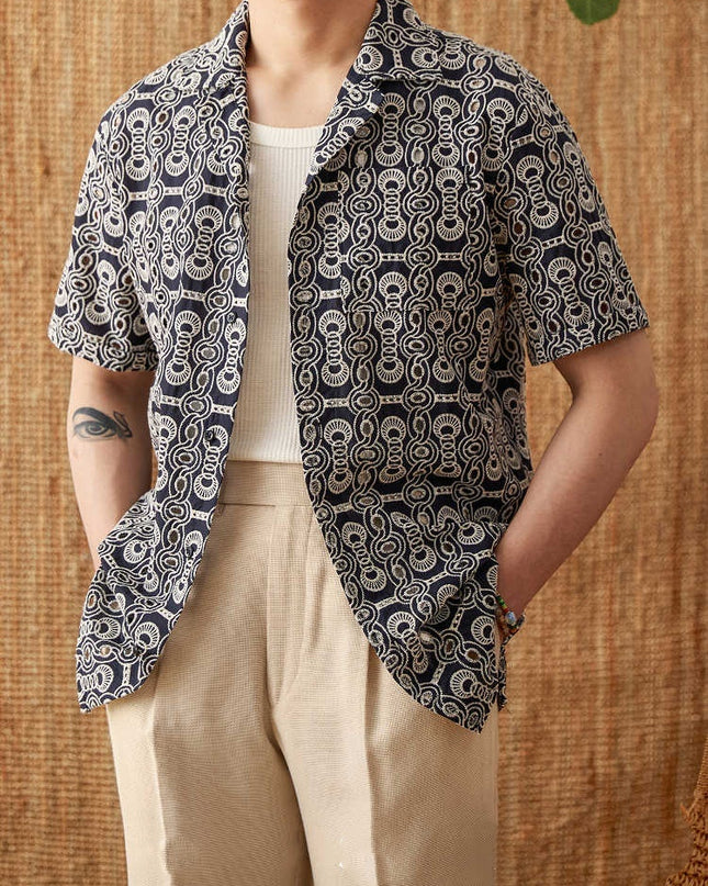 Vintage Embroidered Cotton Casual Cuban Collar Short Sleeve Printed Shirt