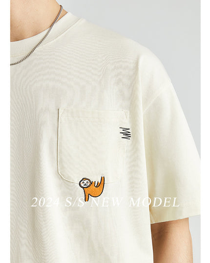 Embroidered Crew Neck T-shirt Cotton Double Yarn Loose