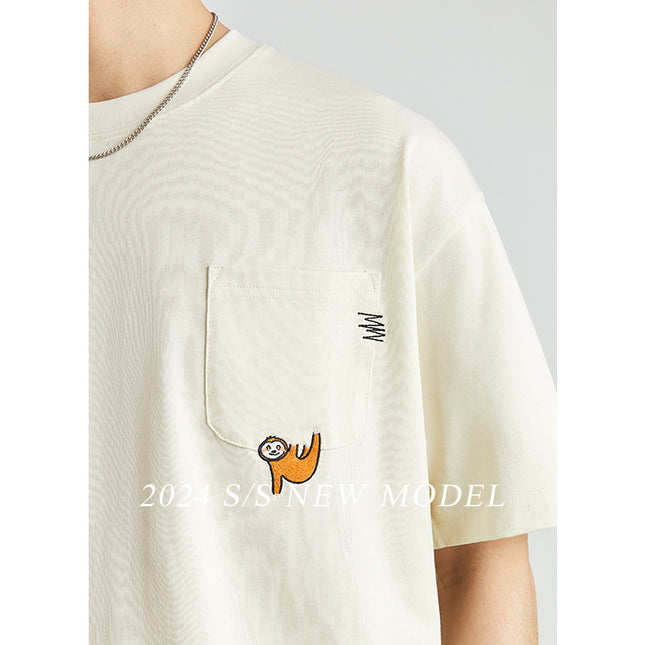 Embroidered Crew Neck T-shirt Cotton Double Yarn Loose