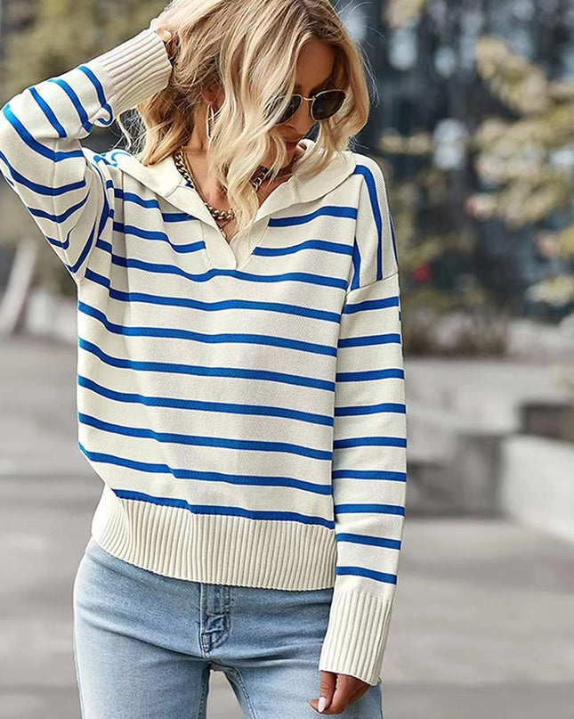 Casual V-neck Lapel Striped Sweater Fashion Long Sleeve Tops For Womens Clothing