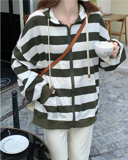 Striped Hooded Sweater Women's Loose Cardigan Zipper Coat